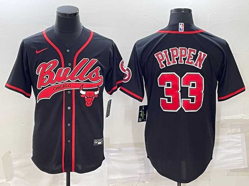 Mens Chicago Bulls #33 Scottie Pippen Black With Patch Cool Base Stitched Baseball Jersey